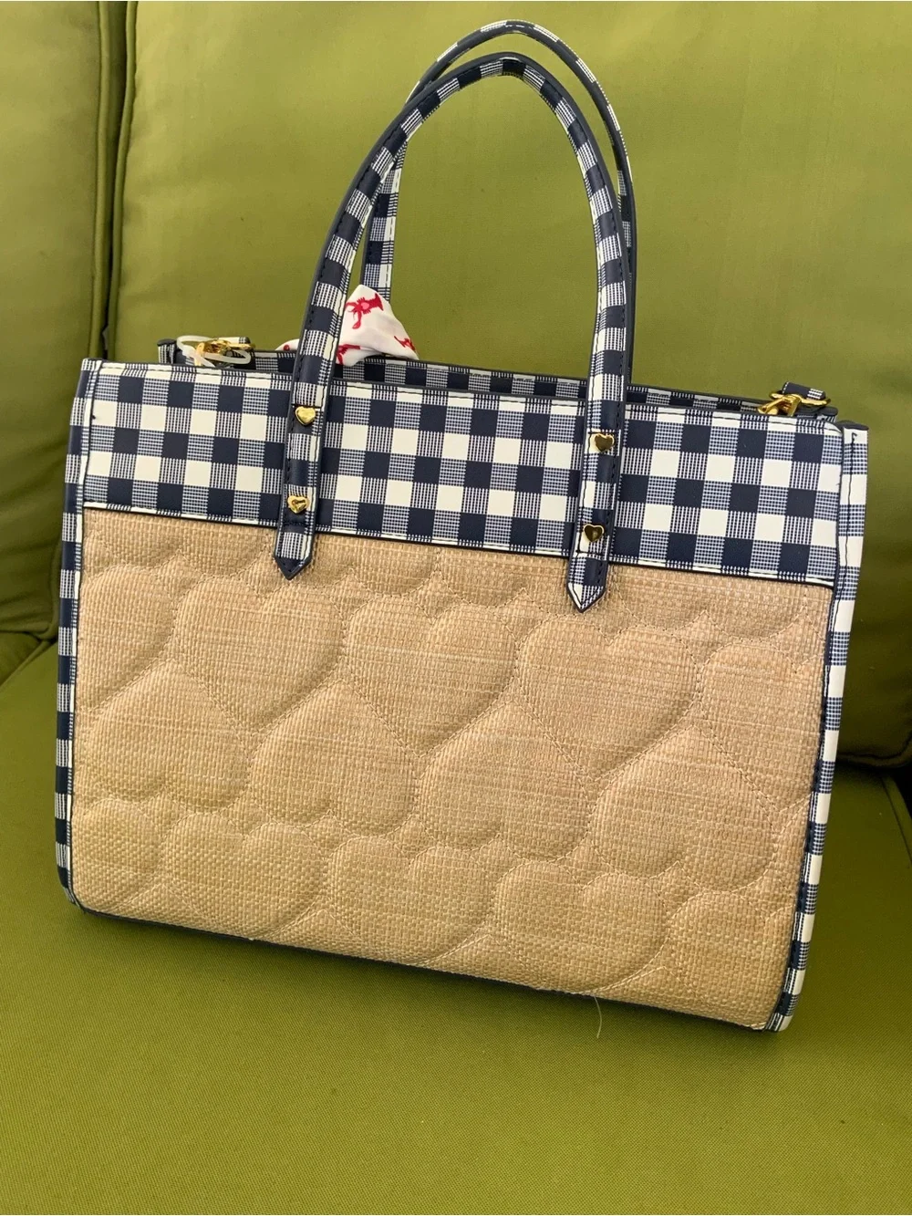 Betsey Johnson Navy and Cream Gingham Straw-Texture Tote with Gold Logo